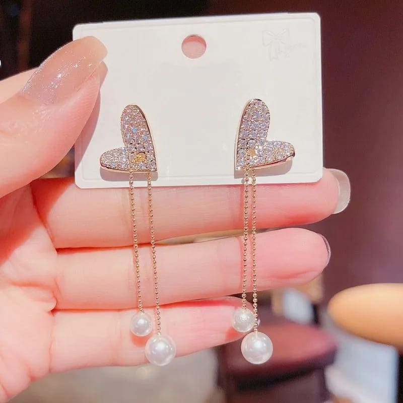 Flexible Heart Top Crystal Earrings, Hollow Heart Drop Earrings, Adjustable Pearl Tassel Ear Jewellery, Luxury Long Simulation Pearl Earrings For Women Flexible Heart Top Crystal Earrings, Hollow Heart Drop Earrings, Adjustable Pearl Tassel Ear Jewellery, Luxury Long Simulation Pearl Earrings For Women